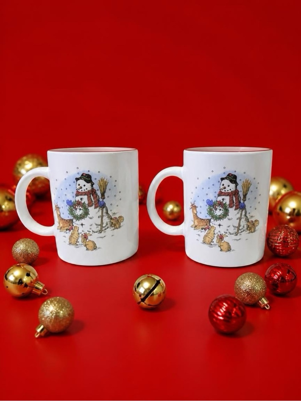 Set of Two Vintage Snowman by Salem China Christmas Holiday Red trim Mugs - Picture 1 of 15